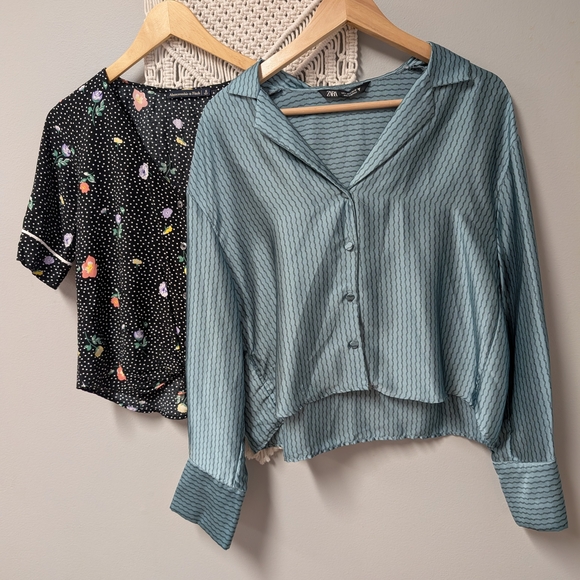 Abercrombie & Fitch Tops - Bundle Of 2 Abercrombie And Zara Blouses Striped Blue Floral Black Satin V Neck